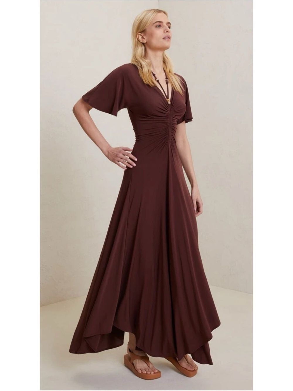 A.L.C. Size M Bitter Chocolate Brown Nina Beaded Tie Neck Maxi Dress Medium $595